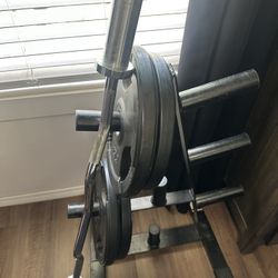 Olympic Plates , Curl Bar And Weight Rack 