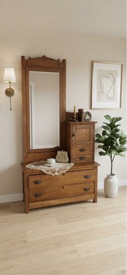 Vintage Oak Dresser with Mirror and Attached Cabinet