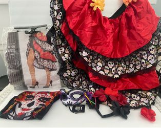 Dia de Los Muertos Costume Bundle with Adult Size Tie on Bustle, headband, and masks