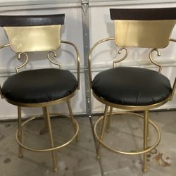 Pair Of Exotic Gold Metal Black & Brown Wood Bar Stools 