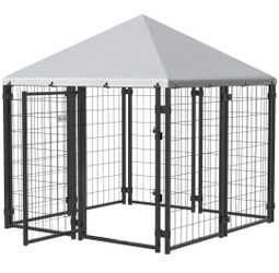 Lockable Dog House Kennel ~NEW~w Water-resistant Roof for Small and Medium Sized Pets, 4.7' x 4.7' x 5.1', Silver
