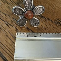 Stylish Silver Flower Ring with Brown Stone Center