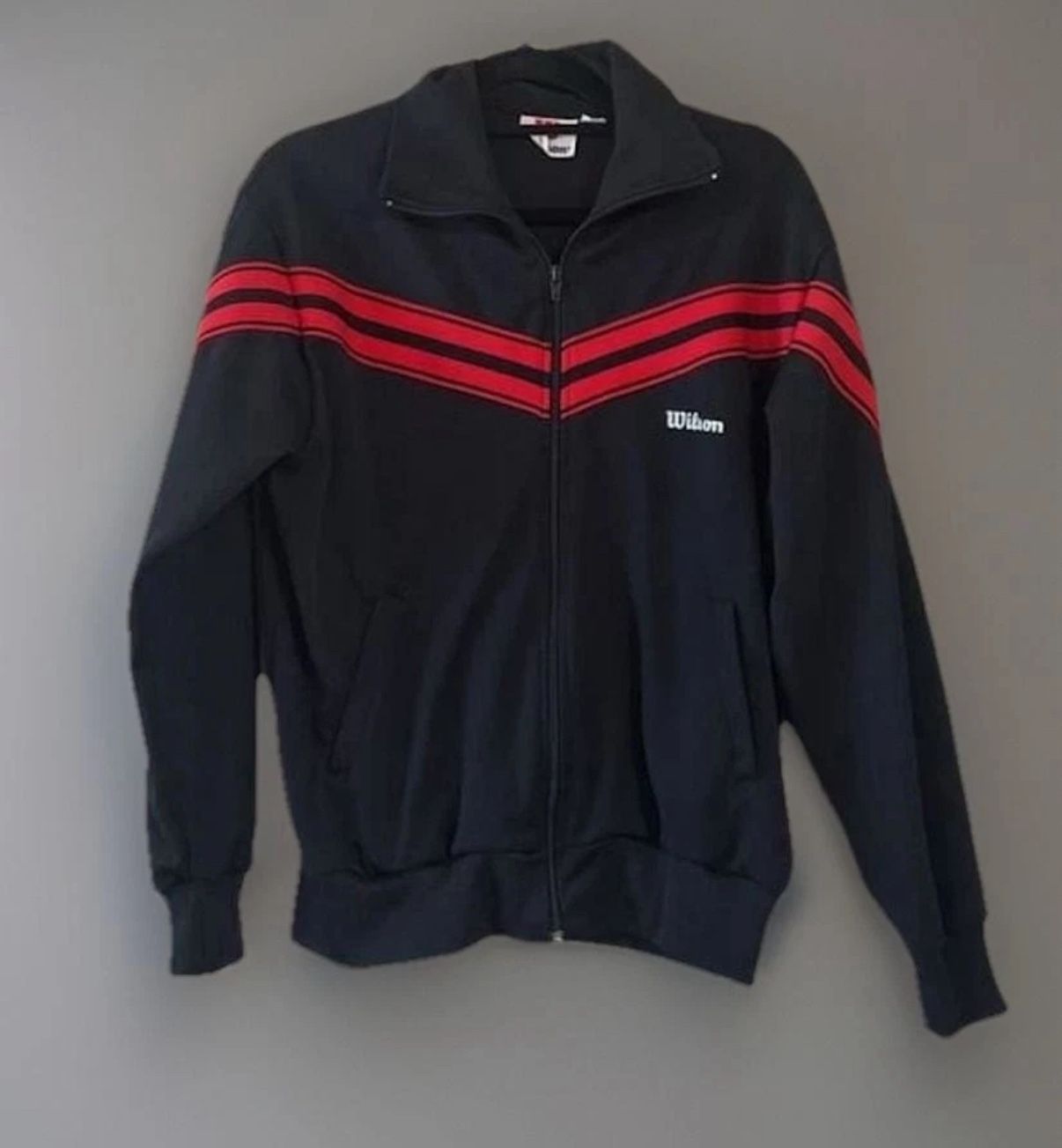 Vintage Wilson Men’s Track Jacket – Black/Red, Size Large (80s Retro)