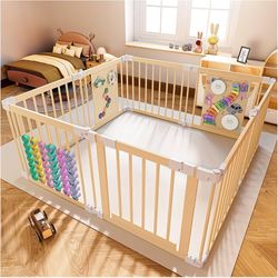 Wooden Baby Playpen, Foldable Play Yard with Built-in Toys, 57 x 57 inches Natural Wood Playpen with Child-Proof Lock, Easy Assembly and Clean, for Ba