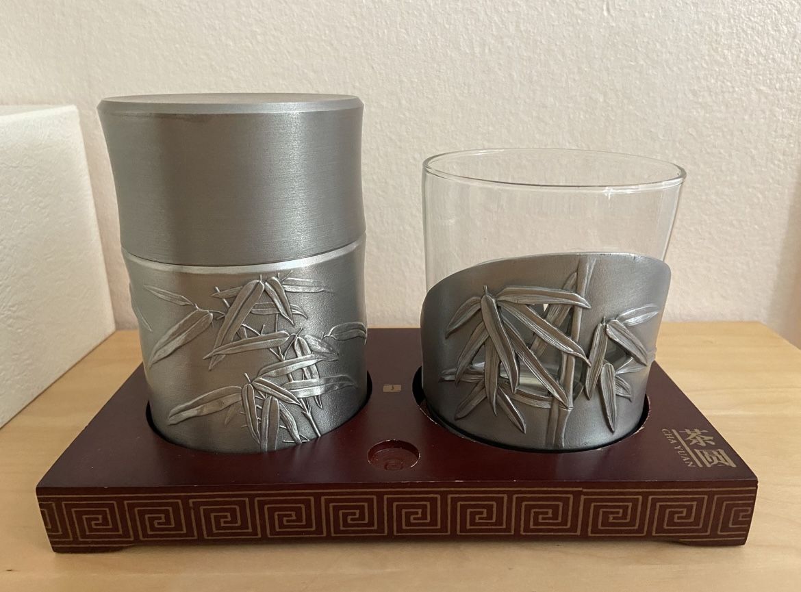 Chinese Pewter Tea Caddy & Cup Holder Set