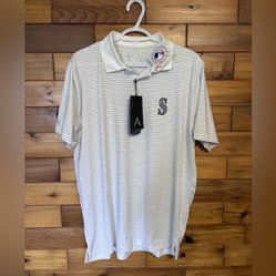 Antigua Mlb Seattle Mariners Logo White Striped Lightweight Polo Team Shirt L 