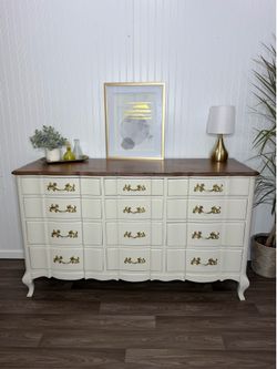 Refinished French Provincial Dresser Walnut Top 58” Wide