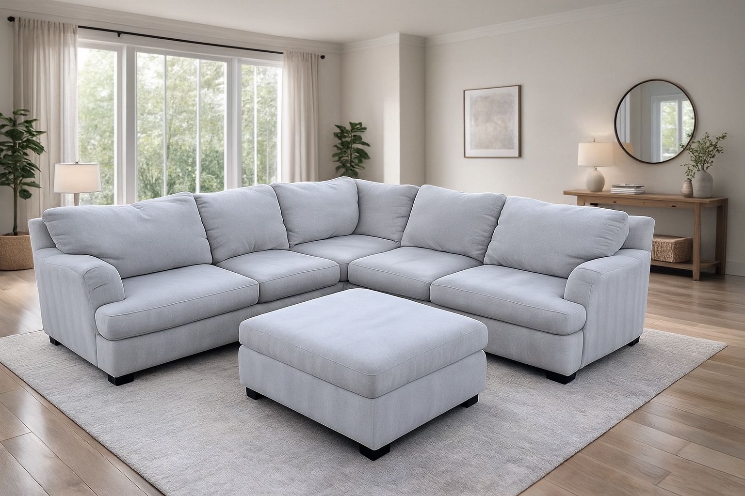 Light Gray Sectional Sofa with Ottoman — Modern Fabric Couch Set, Deep Seating, L-Shaped Sectional