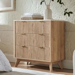 E33 $110  Fluted 3 Drawer Dresser, 32" Tall Modern Chest of Drawers with Faux Marble Top, Curved Profile Design, Wood Drawer Organizer for Bedroom, Li