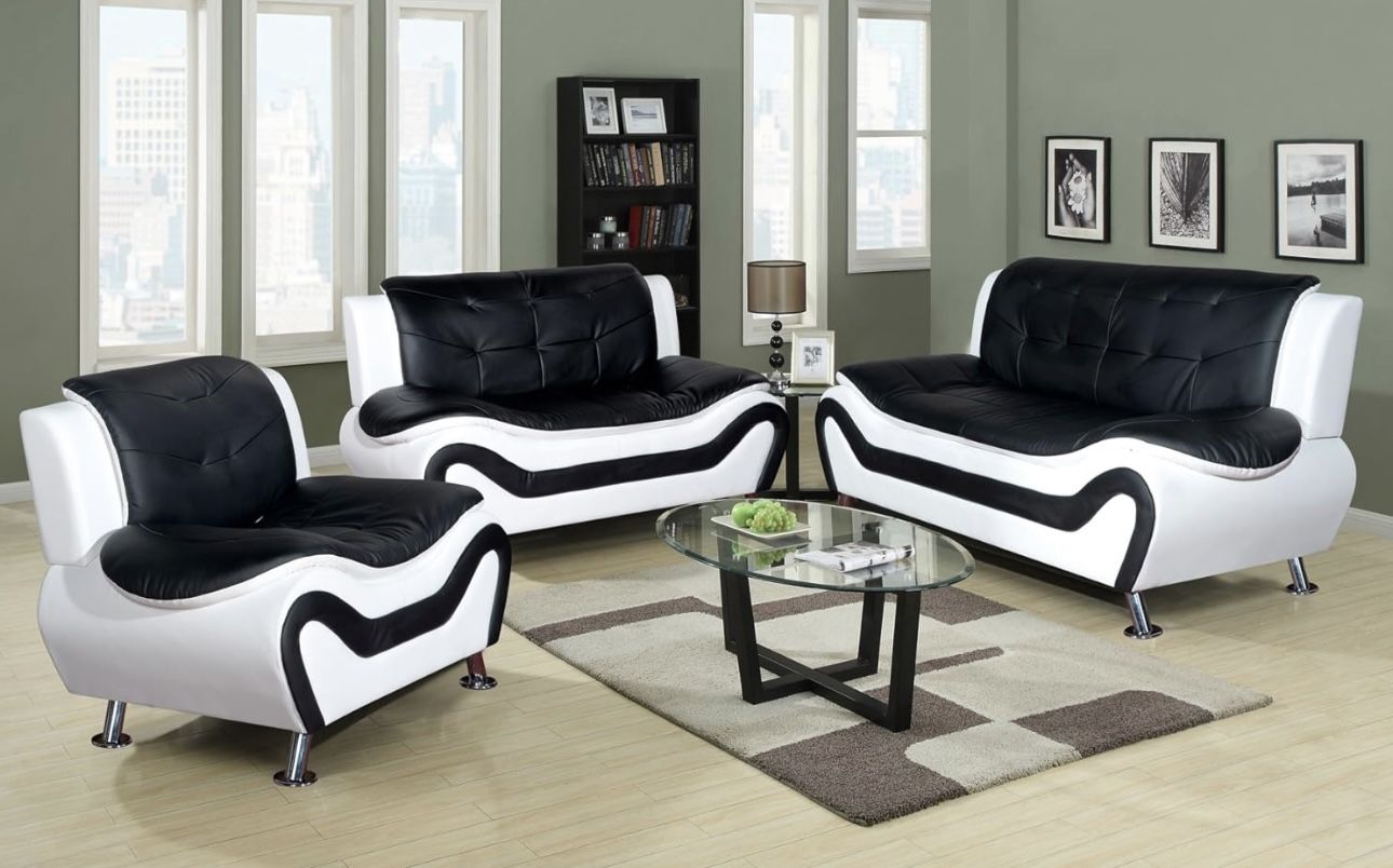 Modern Style Black And White Leather Three Piece Couch Set