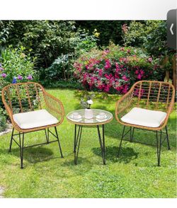 🔥Brand new🔥 3 Pieces Patio Bistro Set, Rattan Conversation Set with 2 Cushioned Armchairs & Round Glass Coffee Table, Indoor Outdoor Wicker Furnitur
