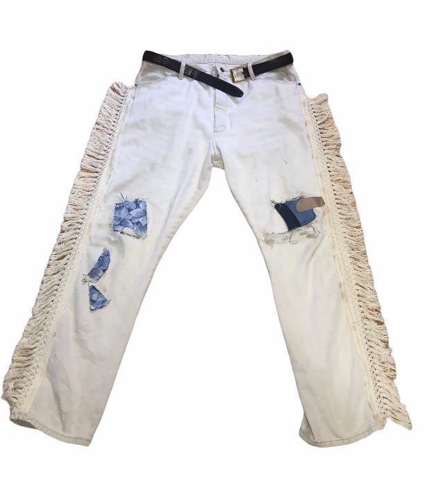 Custom Fringed White Wrangler Jeans High Quality 