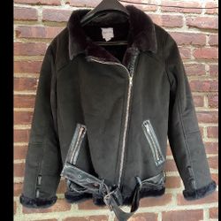 EUC Tiger Mist Women's S Black Belted  Front Cropped Jacket Coat faux fur suede