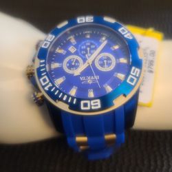 NEW MEN'S LUXURY SPORTY NICE GOLD & BLUE TONE 50mm FACE 100% AUTHENTIC INVICTA CHRONOGRAPH WATCH.