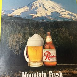 Original Hard Stock 1970S 1980S Rainier Store Ad Poster “Mountain Fresh” Mount Rainier