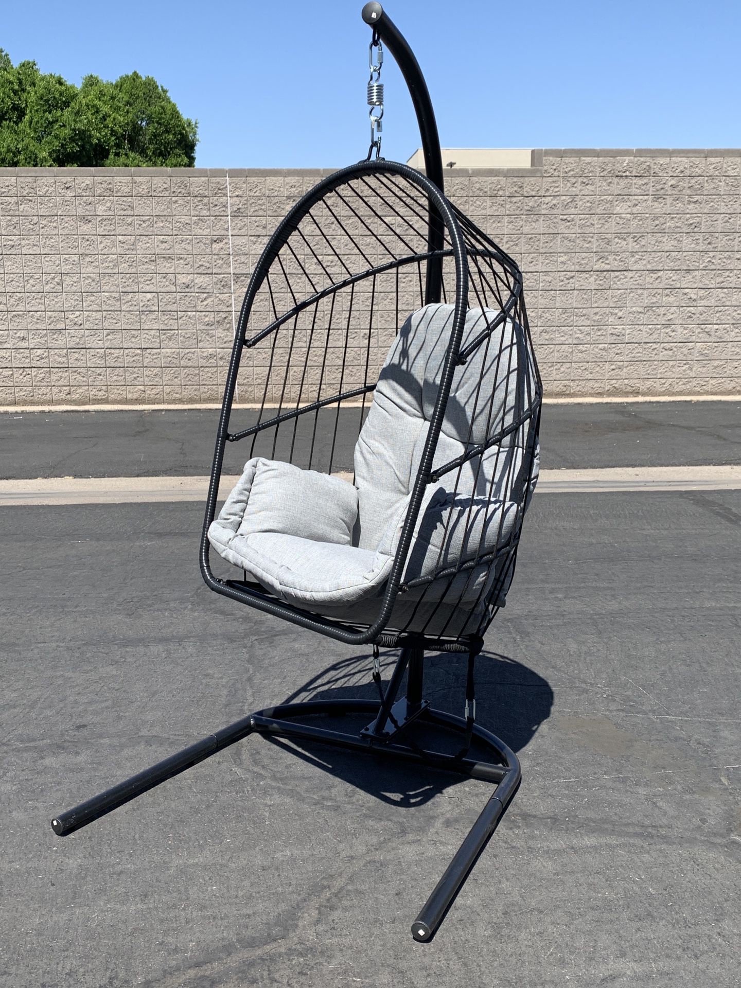 Hanging Hammock Egg Chair Patio Rattan Swing Chair with Stand and Grey Cushions