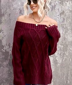 Burgundy Cable Knit Off-the-Shoulder Sweater Size L