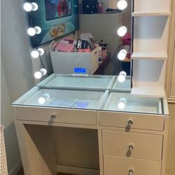 White Vanity Desk With Bluetooth Mirror 