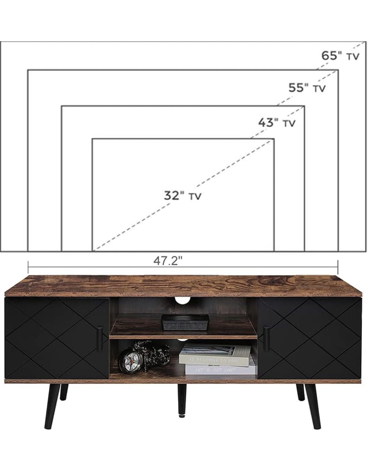 Iwell TV Stand for 55 inch TV, TV Console, Entertainment Center with 2 Cabinets & Open Shelf, Mid Century Modern TV Stand for Living Room/Bedroom, Bla