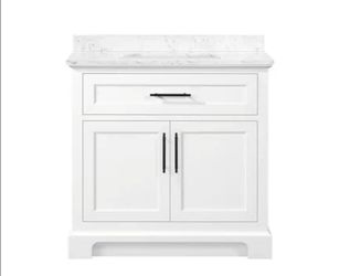 Home Decorators Collection Doveton 36 in. Single Sink Freestanding White Bath Vanity with White Engineered Marble Top (Assembled)