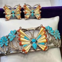 Incredible Sterling Silver 3D gemstones Butterfly Cuff Bangle Bracelet w/ matching earrings
