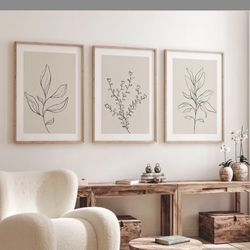 Botanical Wall Art Set of 3 Boho Canvas Decor with Wooden Frames