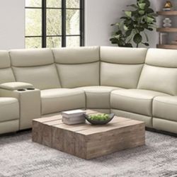 Brand New Beige Top Grain Leather Reclining Sectional Sofa
