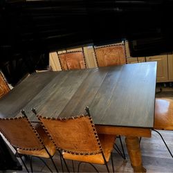 Antique 5 legs Solid Wood Dining  Table Claw Feet With Metal Rollers 