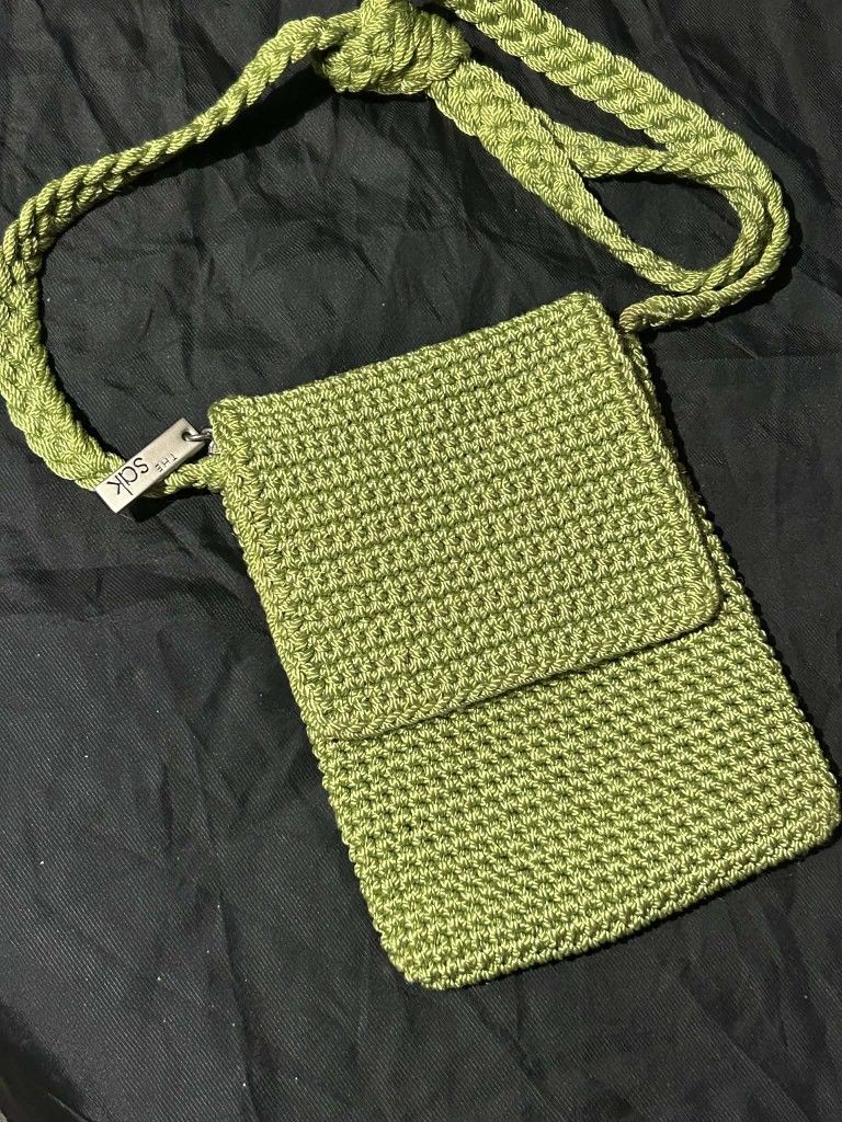 THE SAK Small Crossbody Crochet Purse Lime Green Handmade 8" x 7" Boho