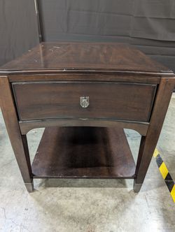 Dark Brown Wood Side Table with Curved Drawer and Open Shelf