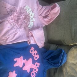 Large beluga blue sp5der hoodie. Large light pink sp5der hoodie.