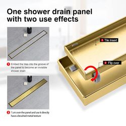 SaniteModar Linear Shower Drain, Gold Shower Drain 36 inch with 2 in 1 Flat and Tile Insert Panel, AISI 304 Stainless Steel Shower Floor Drain with Ha