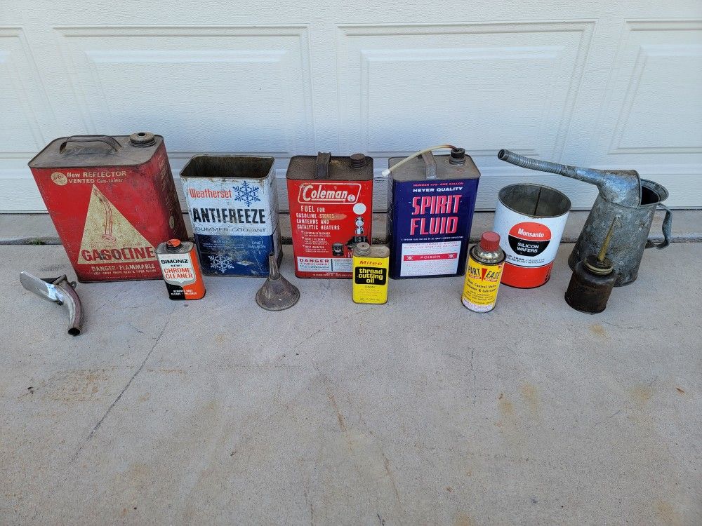Group of Vintage Metal Garage Gas Antifreeze Coleman Automobilia Cans
