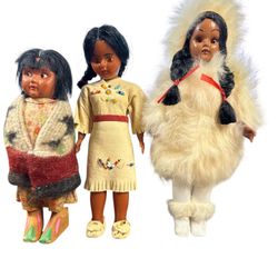 2 7”Native American Souvinir Doll and 3Doll Skookum Bully Good Indian Doll Blanket 6.5" Straw Body Wood Legs Felt Pant   3 dolls for the price of 1. T