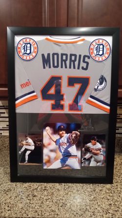 JACK MORRIS HALL OF FAMER, WITH THE DETROIT TIGERS, BRANDED, FRAMED JERSEY.
