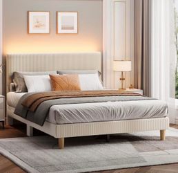 Queen Bed Frame with Adjustable Headboard, Platform Bed Frame with LED Light, Solid Wood Slats, No Box Spring Needed, Off White