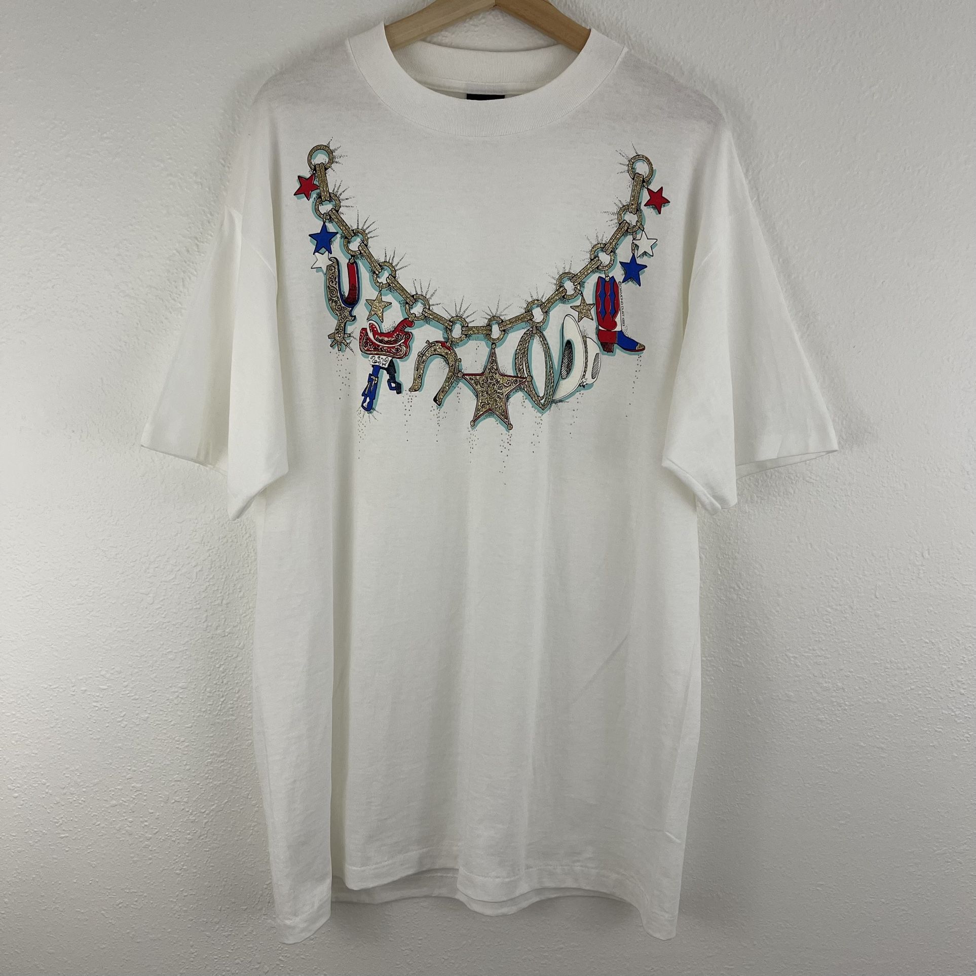 Vintage 1993 White Single Stitch Western Cowboy Glitter Short Sleeve Graphic Tee