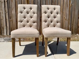 Set of 2 Beige Tufted Dining Chairs – Padded Fabric Seats
