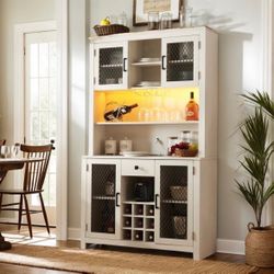 NEW Cabinet White with LED Lights and Outlets with Wine Bottle Rack, 70" Rustic Buffet Cabinet with Wine Bottle and Wine Glass Rack