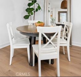 Round Wood Dining Table with 4 White Chairs