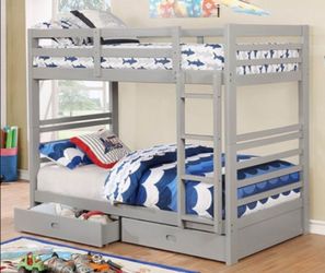 Brand New Grey Twin Size Bunk Bed w Trundle Drawers