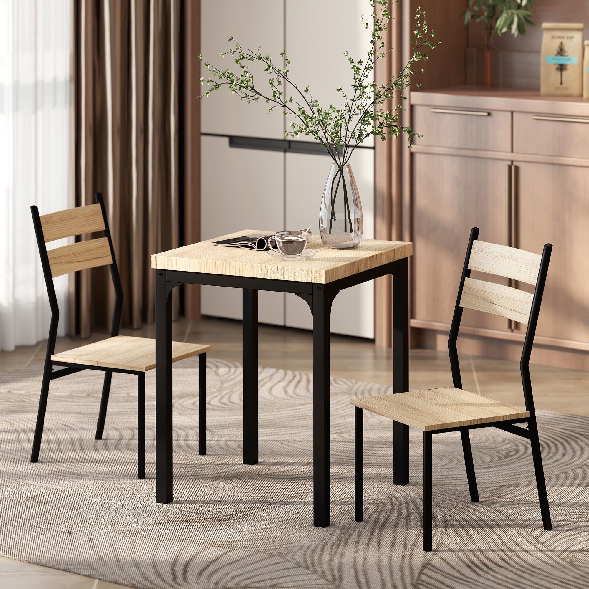 3 Piece Dining Table Set for 2, Modern Kitchen Table and Chairs, Dining Room Set for Breakfast Nook, Light Wood Grain