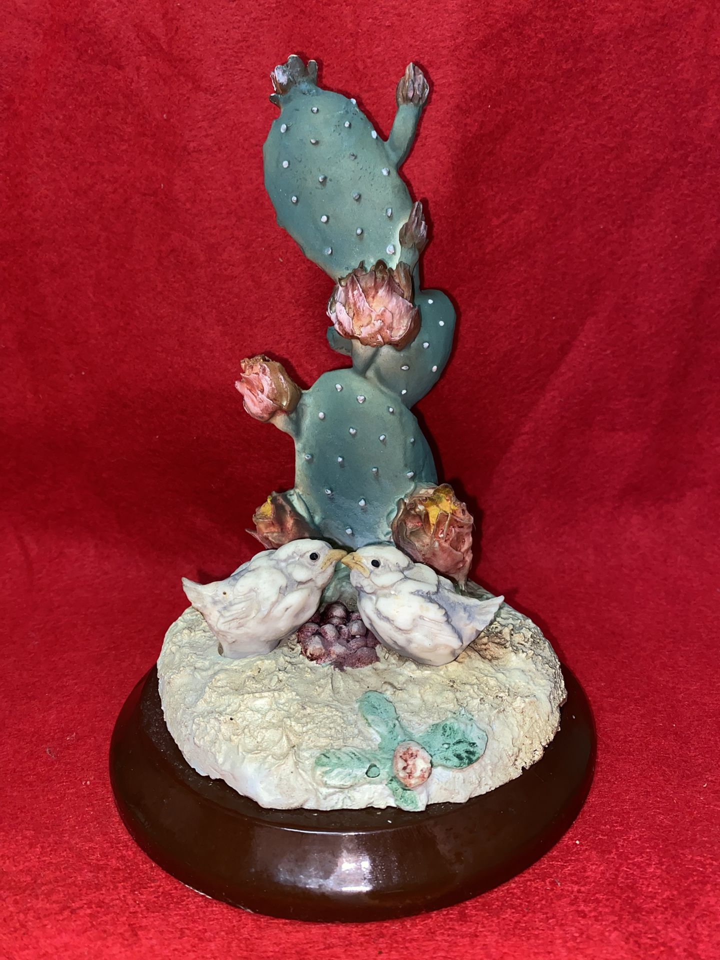 8 Inch Painted Alabaster Cactus With Birds Statue Imported From Greece