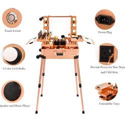 Aluminum Trolley Makeup Train Case with LED Lights Professional Cosmetic Organizer Studio with Speaker, Wheels and Stands Rolling Lighted Makeup Vanit