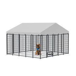 Large Dog Kennel Outdoor Pet Pens Dogs Run Enclosure Animal Hutch Metal Coop Fence with Roof Cover. 9.61'L x 9.45'W x 6.77'H.