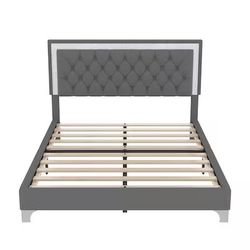 ModernLuxe Queen Size Upholstered Bed Frame with LED Lights