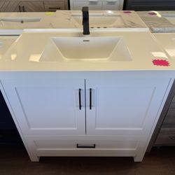 White Bathroom Vanity Cabinet In 36 in. W x 22.5 in. D x 35.5 in. H with Basin Solid Surface Top in White