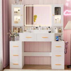 Vanity Desk with Mirror and Lights, White Vanity with 2 LED Storage Cabinet, 8 Drawers & Power Outlet, Makeup Vanity 3 LED Lighting Modes Brightness A