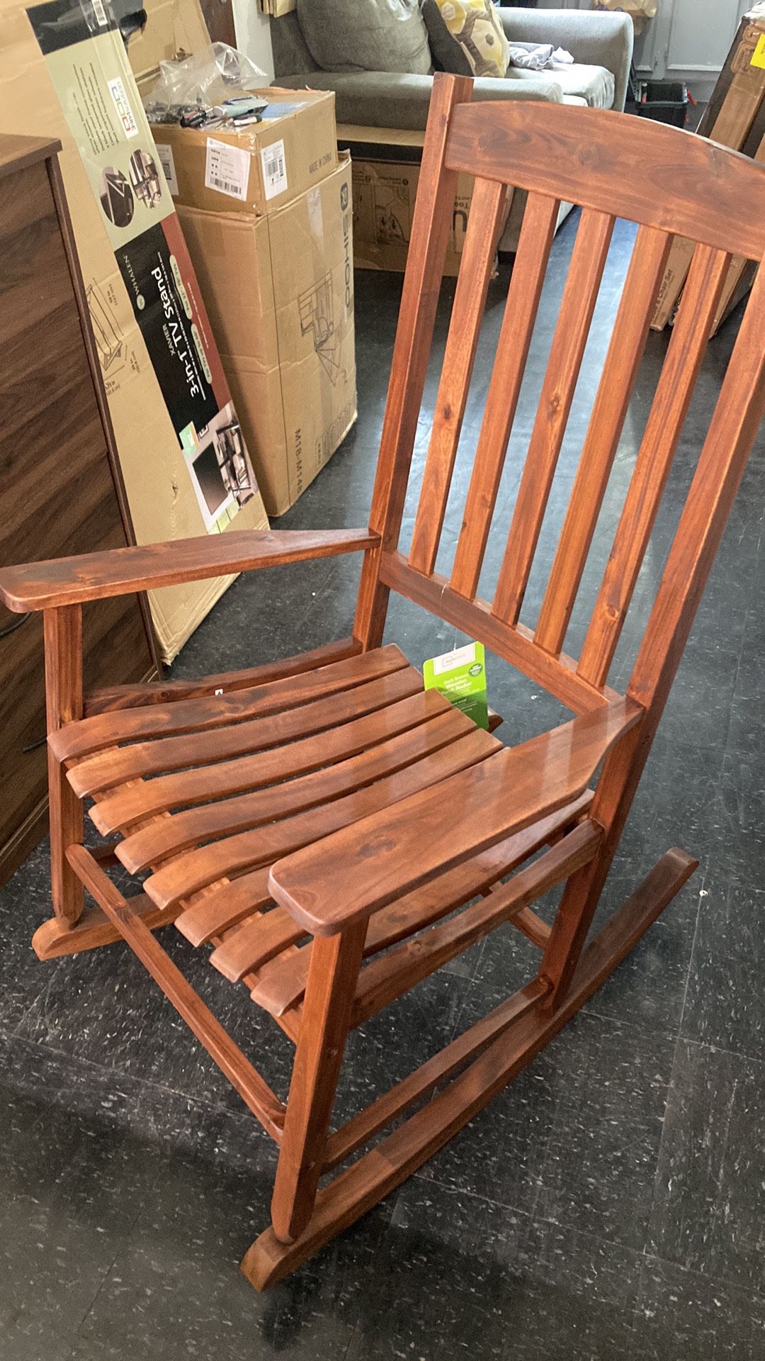 Mainstays Outdoor Wood Porch Rocking Chair, Dark Brown Color, Weather Resistant Finish