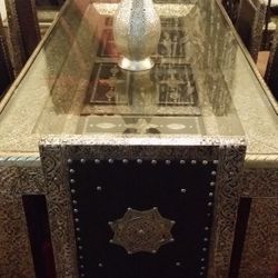 Moroccan Metal Leather Dining Table and Chairs